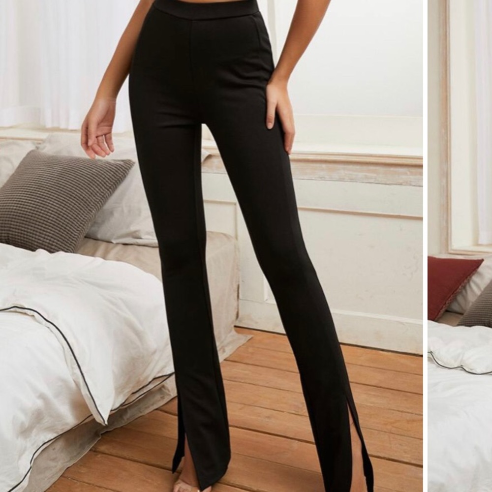 Black pants with front slits.